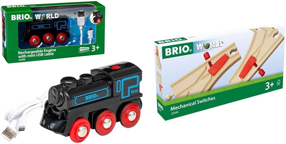 BRIO World - 33599 Akku Lok mit Mini USB & Bahn 33344 - Mechanisches Weichenpaar - Eisenbahnzubehör