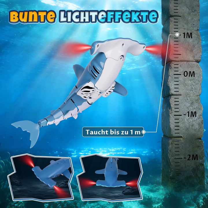 Ferngesteuerter Hai mit Tauchfunktion, 2.4GHz RC Hai mit LED-Licht, Unterwasser-Hai Spielzeug für Po