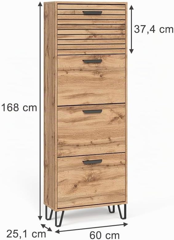 Vicco Schuhkipper Amber, Eiche Wotan, 60 x 168 cm mit 4 Fächern Schuhschrank, 4 Fächern, Schuhschran