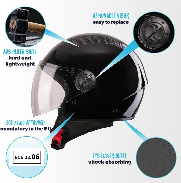 VINZ Como Jethelm mit Visier ECE 22.06 Zertifiziert | Roller Helm Mopedhelm Für Motoroller & Vespa |