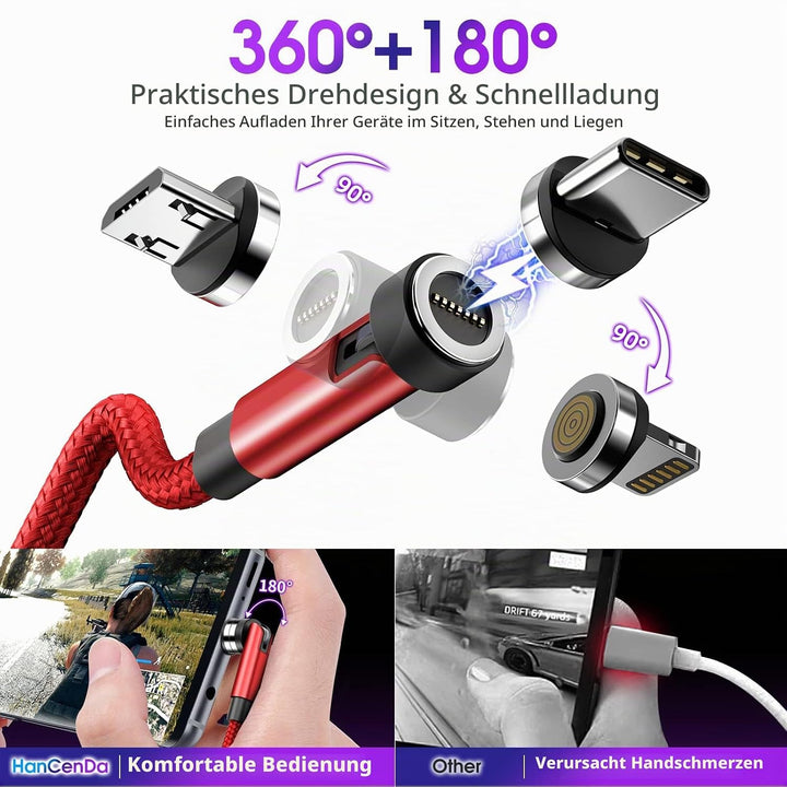 HanCenDa USB C Magnet Ladekabel[1M+2M+3M], 3 in 1 Magnet Ladekabel, 3A QC Schnellladung Datenübertra