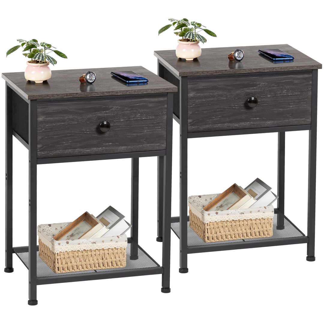 AMHANCIBLE Nachttisch 2er Set, Beistelltisch mit Stoffschubladen, Nachtkommode mit 2 Ablagen, Nachts
