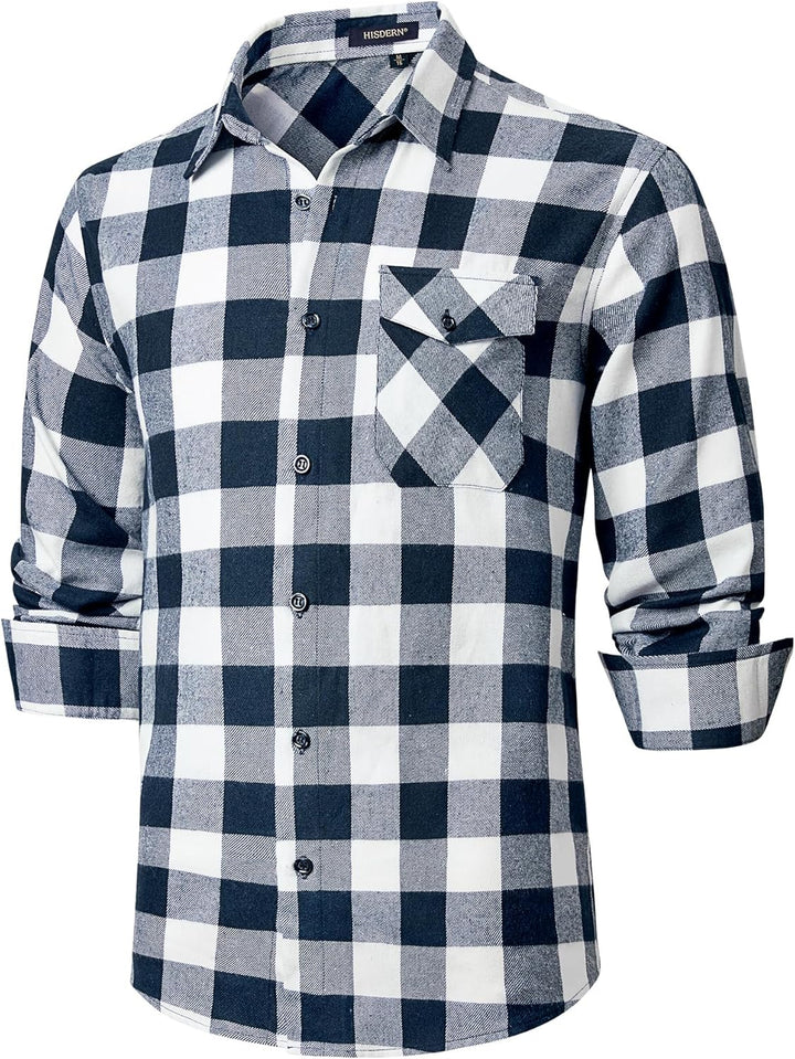 HISDERN Flanellhemd Herren Karierte Hemden Herren Langarm Button Down Baumwolle Holzfällerhemd Regul
