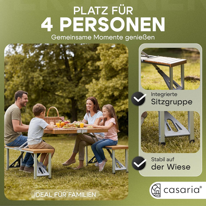 CASARIA® Campingtisch mit Stühlen Klappbar Tragegriff Schirmhalter 4 Personen Picknicktisch Kofferti