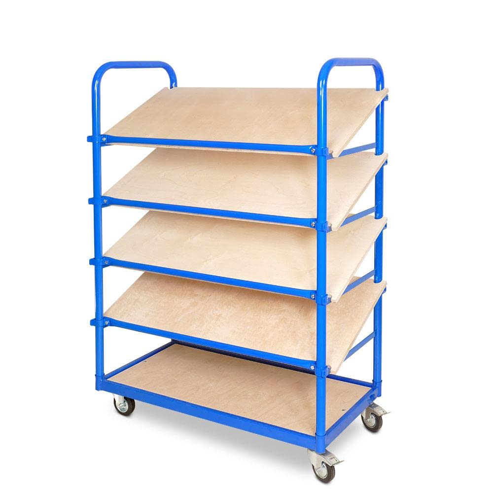 BRB Schrägboden-Regalwagen mit 5 Ebenen, BxTxH 1050x500x1450 mm, 2 Lenk- (mit Feststellbremse) u. 2