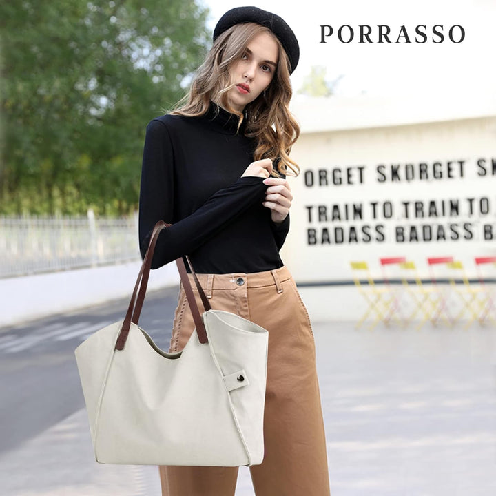 PORRASSO Damen Schultertasche Grosse Handtasche Canvas Hobo Henkeltasche Fraue Shopper Tote für Eink
