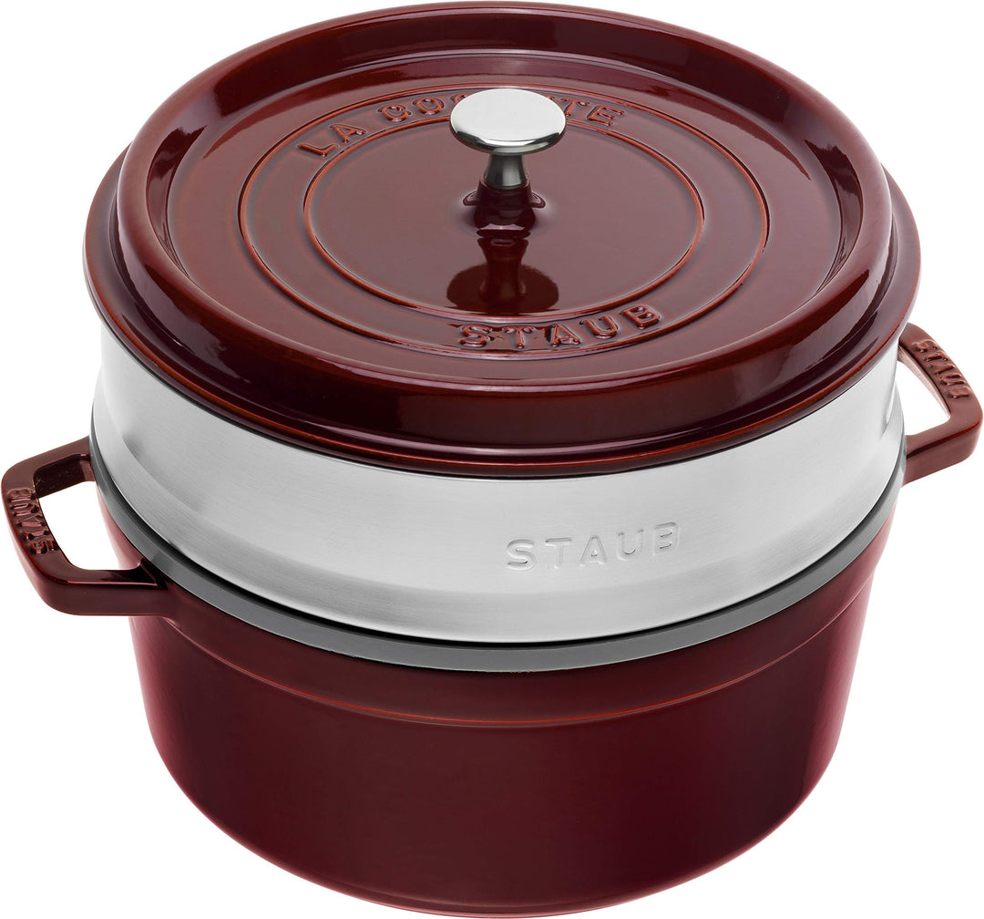 STAUB Gusseisen Bräter/Cocotte, mit Dämpfeinsatz, Rund 26 cm, 5,2 L, Aromaregen Funktion, Für alle H