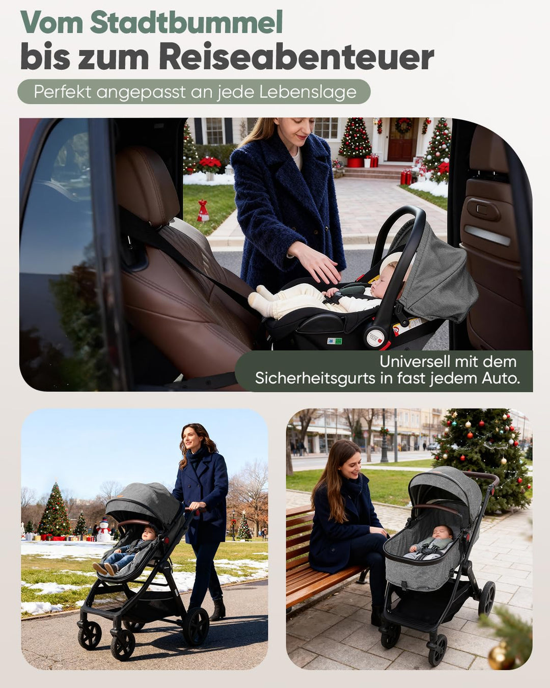 Sekey Kombi Kinderwagen Baby 3 in 1 Komplettset mit Regenschutz und Moskitonetz, Kinderwagen mit Lie