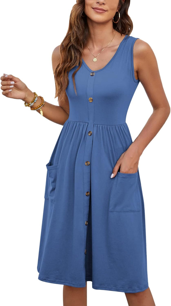 MOLERANI Damen Sommerkleider Ärmellos Lässig Locker Swing Button-Down Midikleid mit Taschen S Beja B