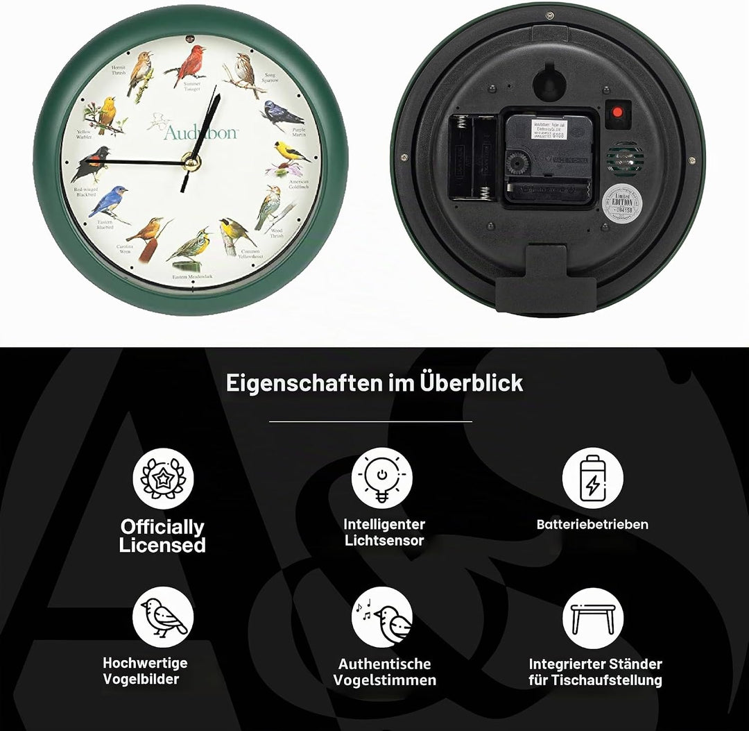 Mark Feldstein & Associates Audubon Singing Bird Wanduhr, Schreibtischuhr, 20,3 cm 8" Grün, 8" Grün