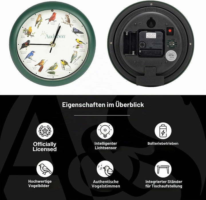 Mark Feldstein & Associates Audubon Singing Bird Wanduhr, Schreibtischuhr, 20,3 cm 8" Grün, 8" Grün