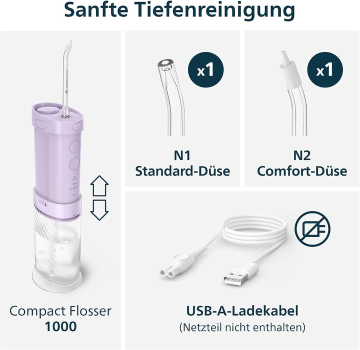 Philips Sonicare Compact Flosser 1000, tragbare Munddusche mit 3 Reinigungsprogrammen, IPX7 wasserdi