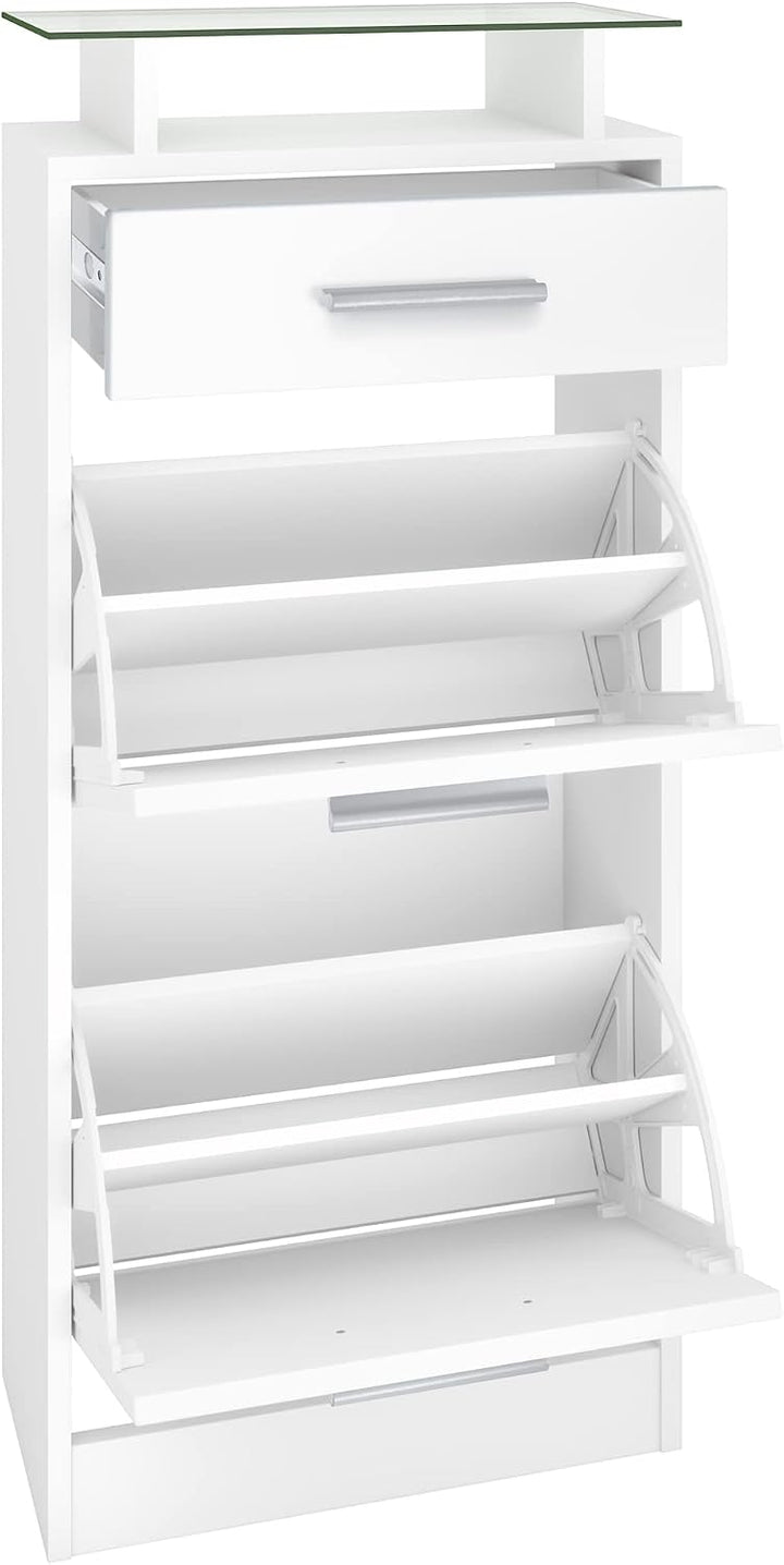 Vladon Schuhschrank Loret V2, Schuhkipper für 8 Paar Schuhe mit 2 Klappen, 1 Schublade und Glasablag