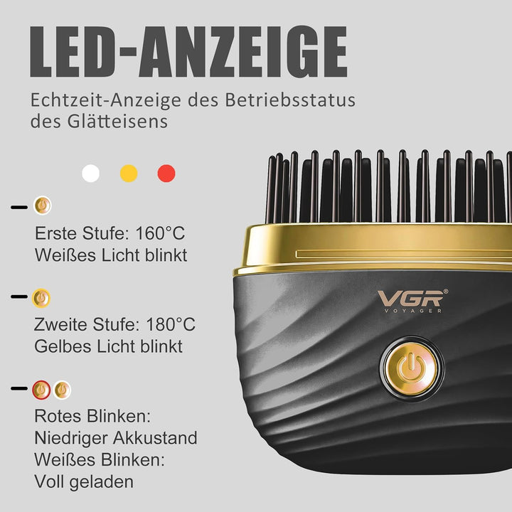 VGR 585 Kabellose Glättungsbürste Mini Mit 2 Temperaturstufen USB-Aufladung | Haarglätter Bürste Mit