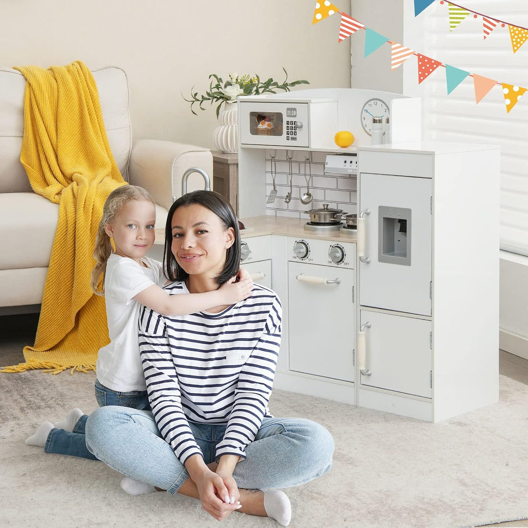 COSTWAY Eck Spielküche mit separatem Kühlschrank, Kinderküche Holz mit Sound, inkl. Spielzubehör, fü