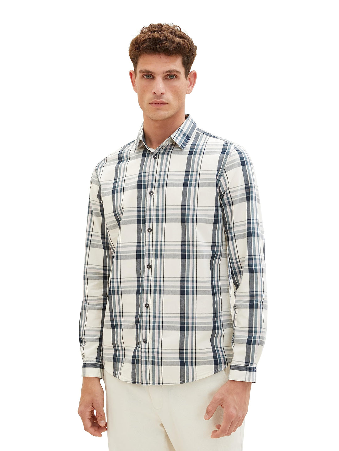 TOM TAILOR Herren Regular Fit Karo-Hemd aus Baumwolle L 32280 - Off White Teal Lilac Check, L 32280
