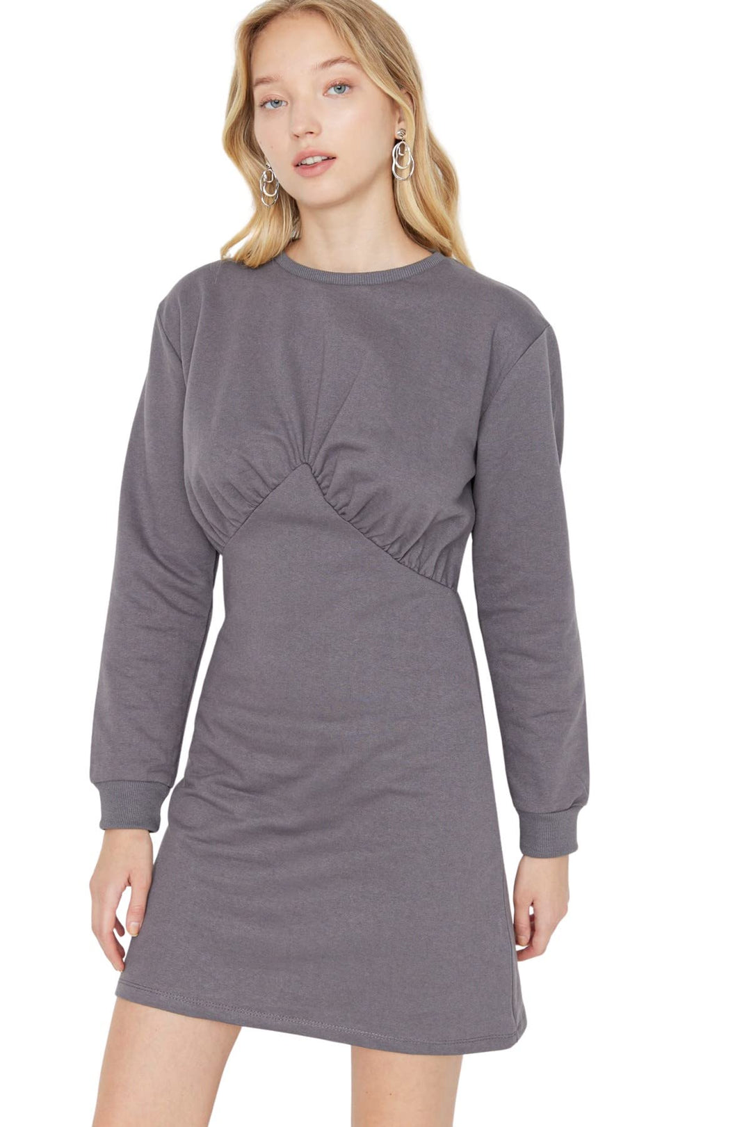 TRENDYOL Damen Woman Maxi Skater Rundhalsausschnitt Webstoff Kleid M Gray, M Gray
