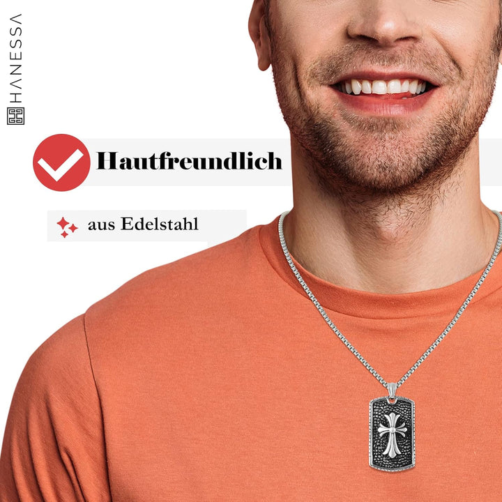 Hanessa Personalisierte Kette mit Gravur Edelstahl 60 cm mit Anhänger Dog Tag mit Kreuz in silber/sc
