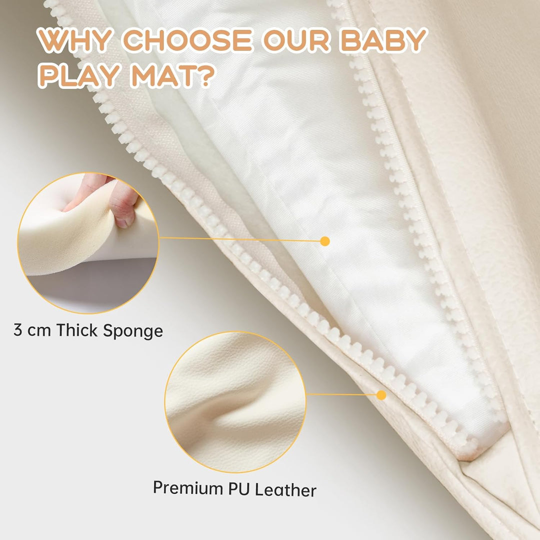 Leder Krabbelmatte Baby 125x125x3cm Beige: Extra Dicke Spielmatte für Baby & Kinder - Weich & Wasser