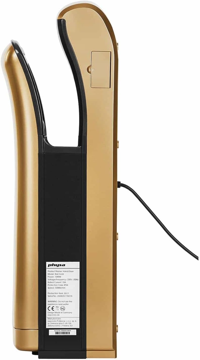 Physa BARI GOLD Händetrockner Airblade (elektrisch, 5s, LED-Display, 1.200W, 230V, Luftgeschwindigke