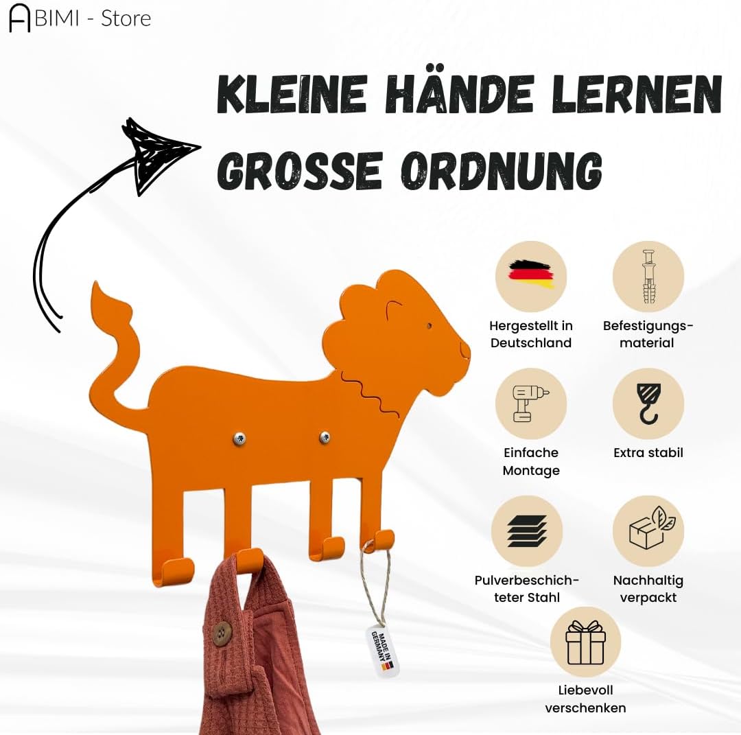 ABIMI Kindergarderobe Löwe aus pulverbeschichtetem Stahl – 4 Haken als Tierbeine – Wandgarderobe für