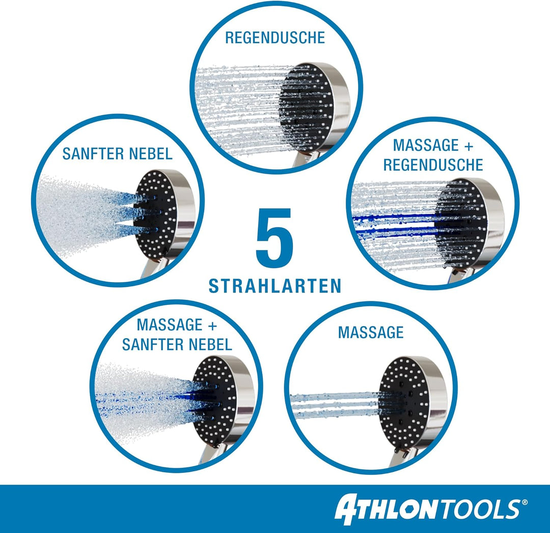 ATHLON TOOLS Duschkopf mit Schlauch - 5 Strahlarten Hochdruck Duschbrause - Ø 105 mm wassersparende
