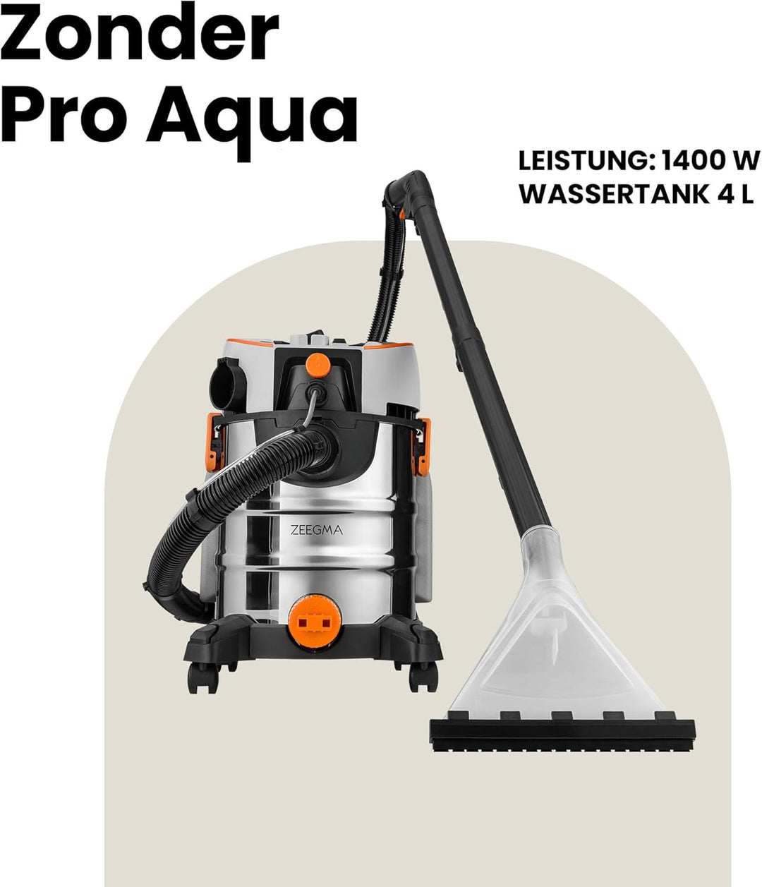 Zonder Pro AQUA Waschsauger – 1400W Nass- &amp; Trockensauger mit Sprühextraktion, 4L Frischwassertank,