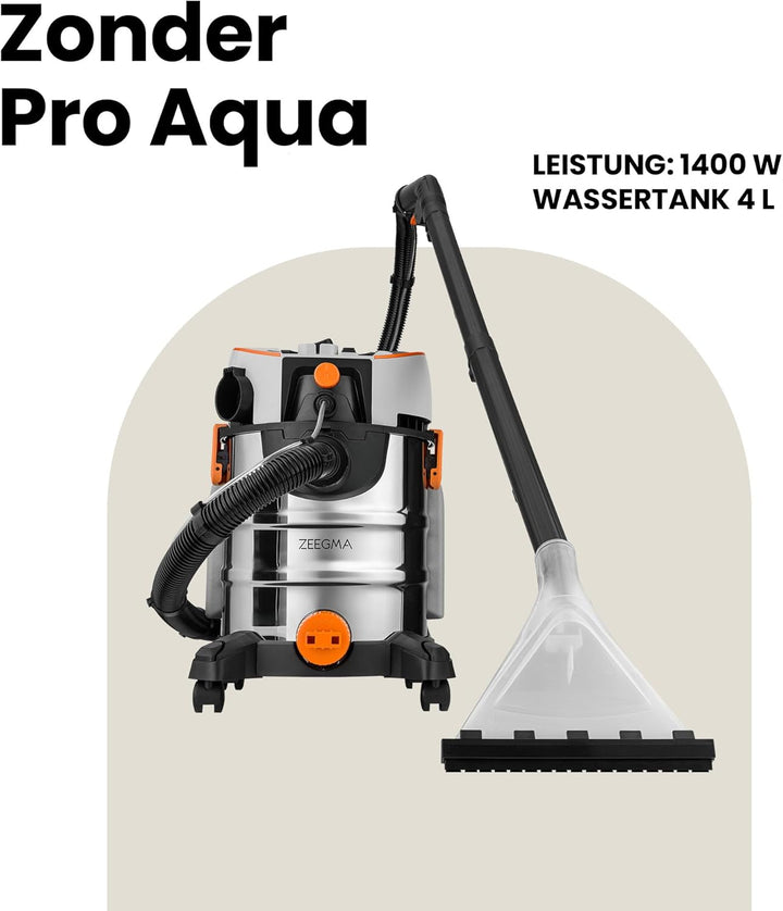 Zonder Pro AQUA Waschsauger – 1400W Nass- &amp; Trockensauger mit Sprühextraktion, 4L Frischwassertank,