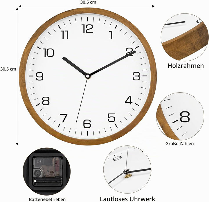 Foxtop Wanduhr Holz Ohne Tickgeräusche 30 cm Grosse Lautlos Wanduhr leicht zu lesen Rund Holzuhr für