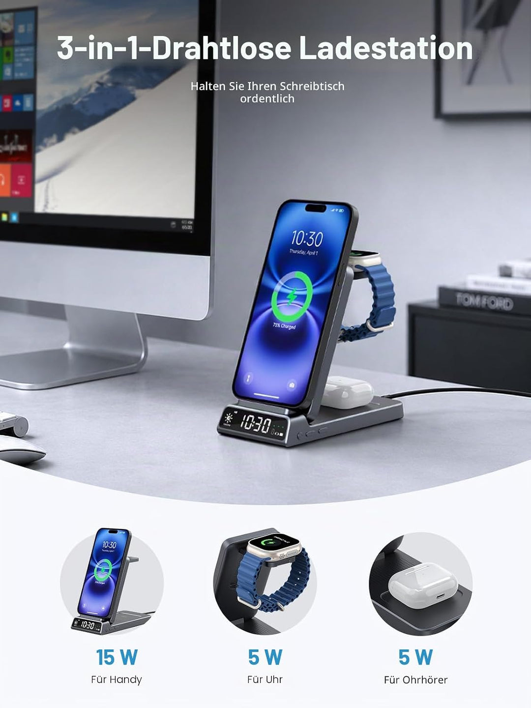 Mag-Safe Ladestation für Apple Watch und iPhone, 3 in 1 Induktive Ladestation ladegerät für iPhone 1