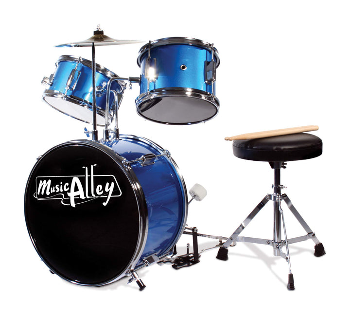 Music Alley Junior Drum Kit for Kids with Kick Drum Pedal, Drum Stool & Drum Sticks - Blue Blue Sing