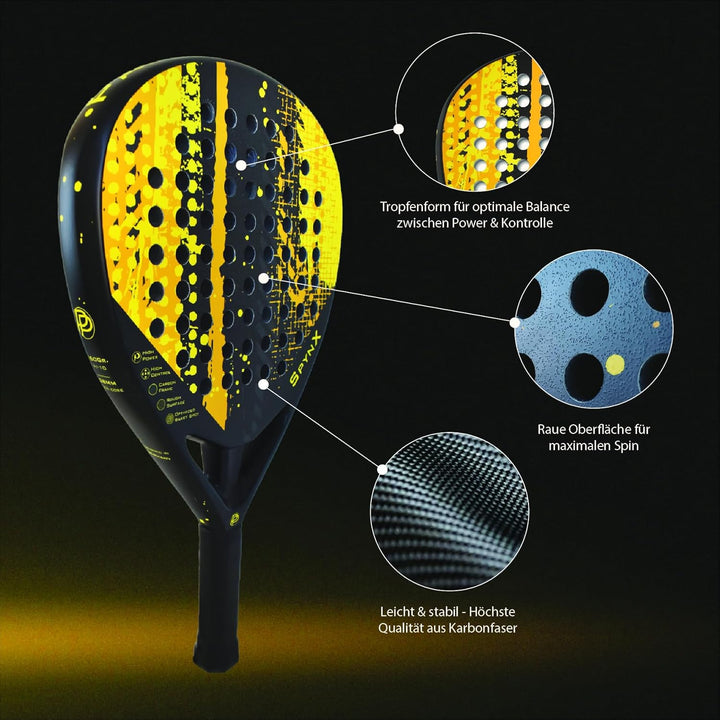 SpynX - Padel Schläger 100% Kohlefaser, Spezial-Oberfläche für verbesserten Spin, Paddle Tennis für