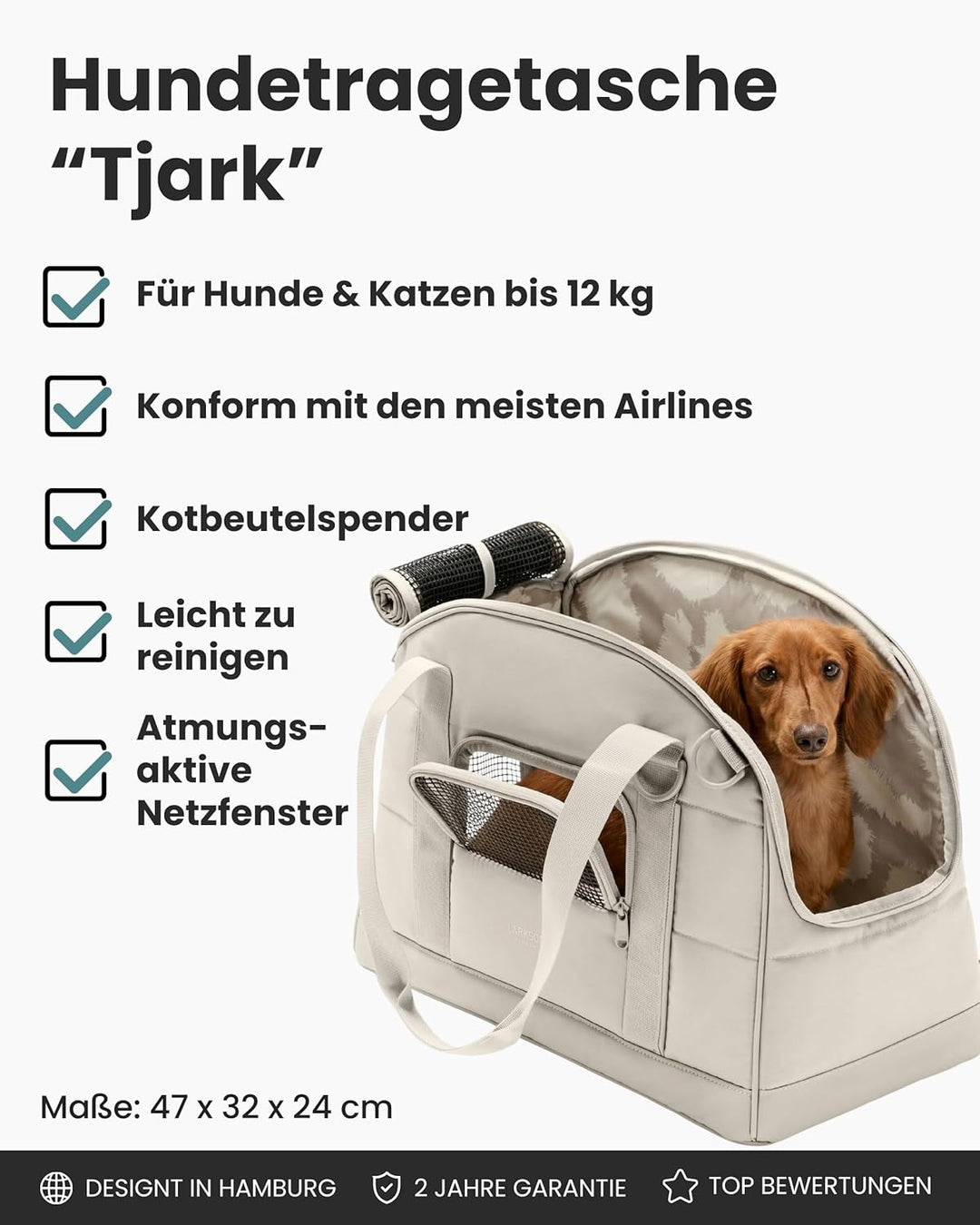 Larkson Hundetransportbox für Kleine Hunde bis 8kg Beige - Tjark - Hundetasche fürs Flugzeug - Trans