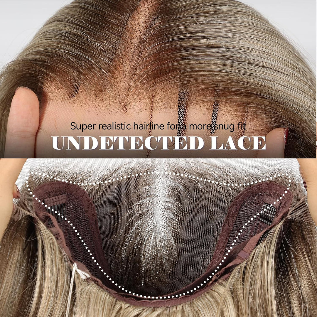 HAIRCUBE 13x6 HD Synthetische Lace-Front-Perücke, 24 Zoll Aschblond Lange Lockige Stufenperücken, Na