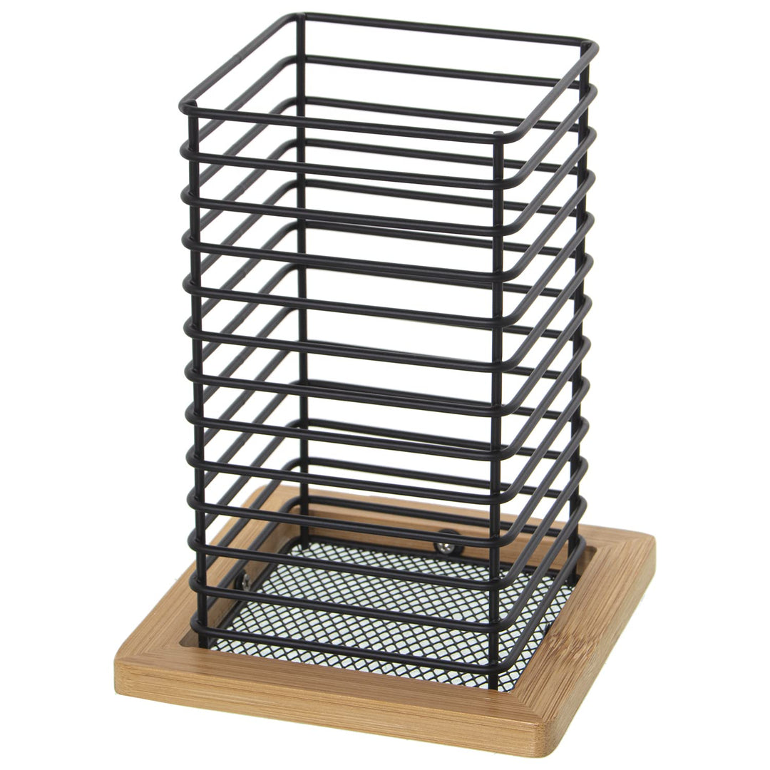 DRW Silikonhalter aus Metall und Holz in Schwarz und Natur 12 x 12 x 16 cm, Behälter 9 x 9 x 16 cm,