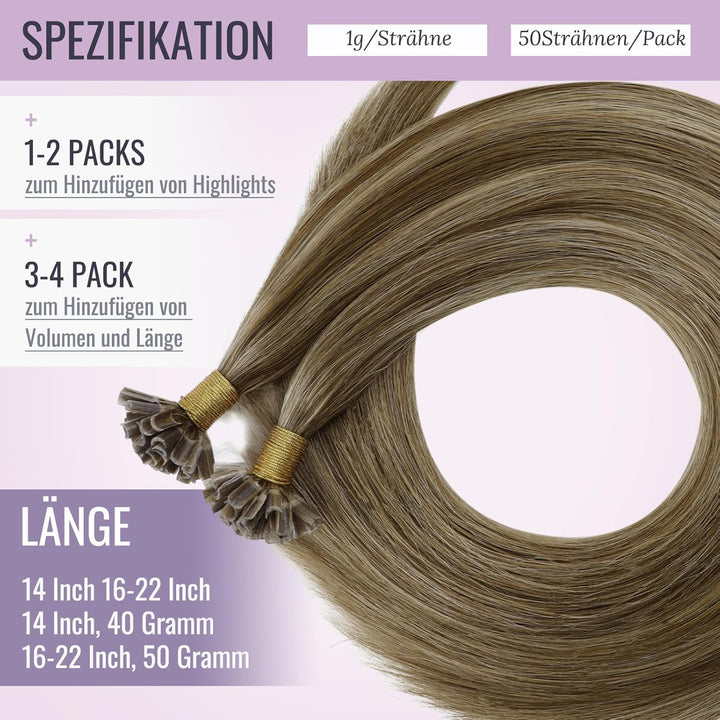 Fshine Bondings Extensions Echthaar 45 cm 50 g 50 Strähne Haar Extensions Echthaar Bondings U Tip Mi