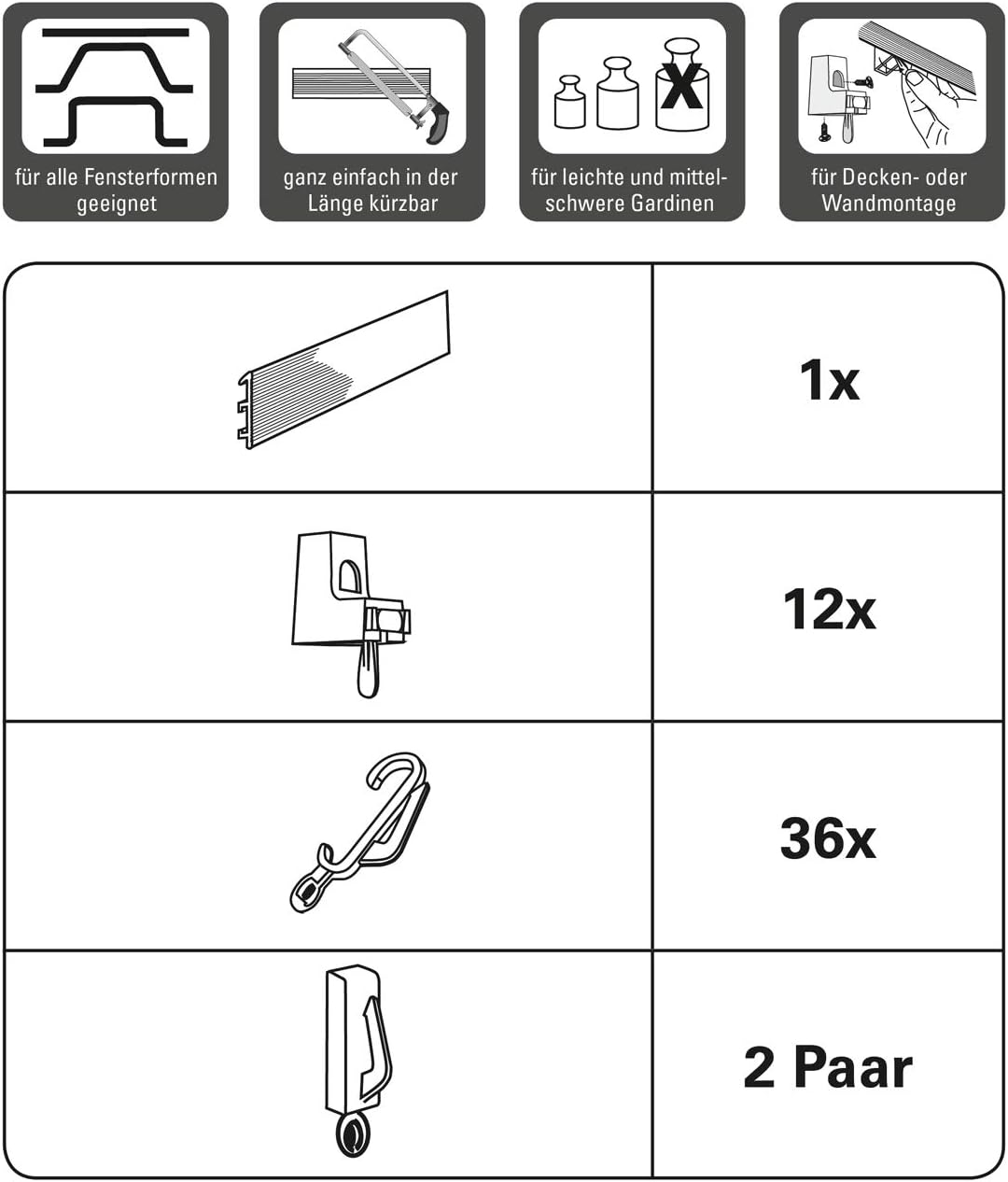 GARDINIA Vorhangschienen-Set Flexline, Vorhangschiene, 12 Träger für Decken- oder Wandmontage, 4 End