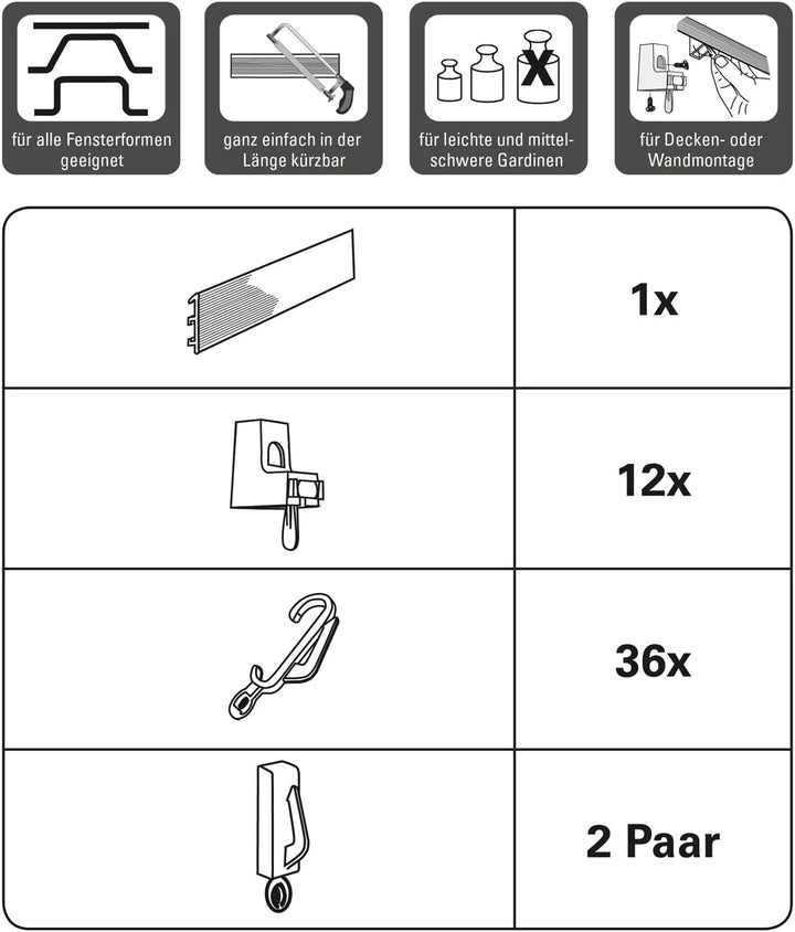 GARDINIA Vorhangschienen-Set Flexline, Vorhangschiene, 12 Träger für Decken- oder Wandmontage, 4 End