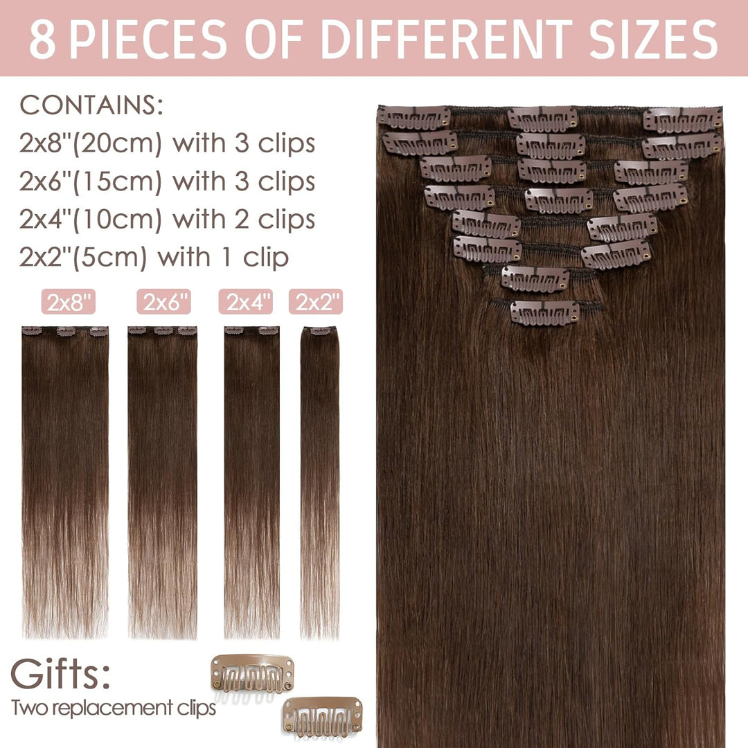 Silk-co Echthaar Clip In Extensions 8 Tressen 18 Clips 60g, Braun Hair Extensions, Remy Echthaar Cli