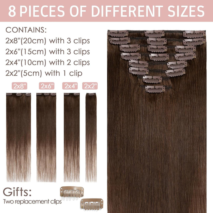 Silk-co Echthaar Clip In Extensions 8 Tressen 18 Clips 60g, Braun Hair Extensions, Remy Echthaar Cli