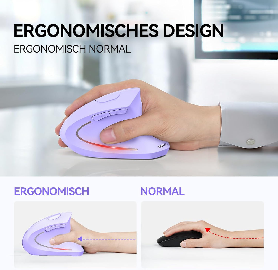 TECKNET Ergonomische Maus, Kabellose Bluetooth Vertikale Maus(BT 5.0+BT 3.0+2.4G), 6 Einstellstufen