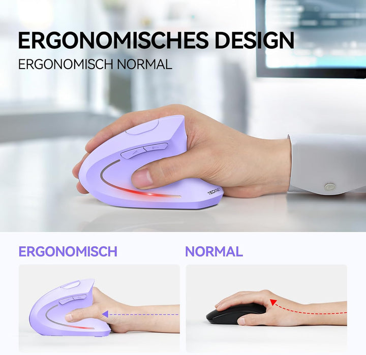 TECKNET Ergonomische Maus, Kabellose Bluetooth Vertikale Maus(BT 5.0+BT 3.0+2.4G), 6 Einstellstufen