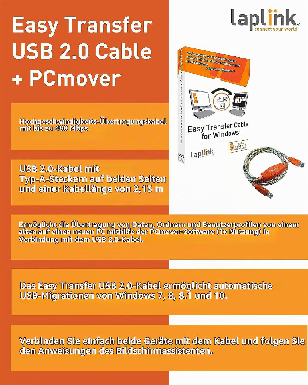 LAPLINK Easy Transfer USB 2.0 High Speed Kabel &amp; PCmover – 480 Mbps USB Transferkabel inkl. Software