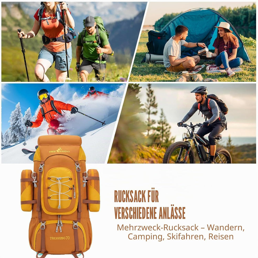 Bseash 70L (65+5) Wasserdichter Wanderrucksack mit Regenschutz, Outdoor-Sport, Reisen, Tagesrucksack
