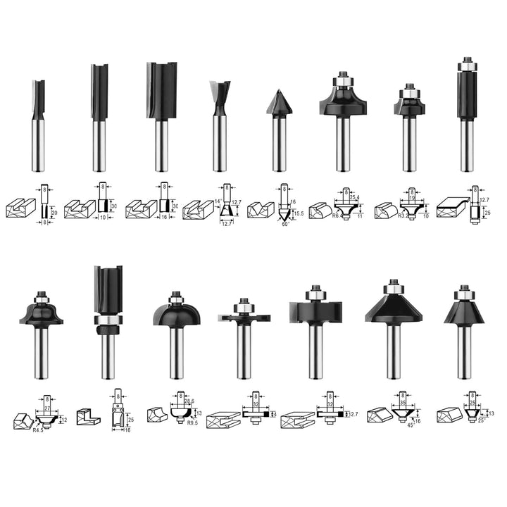 Pro 15tlg. Fräser Set für Holz - Hartmetall Fräsersatz, Zubehör Oberfräsen mit 8mm Schaft, in Robust