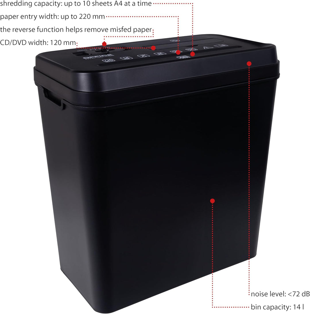 Office Products Aktenvernichter/für Papier CD/DVD / 10 Blätter Querschnitt/Behälter 14 l/Schwarz/Pap