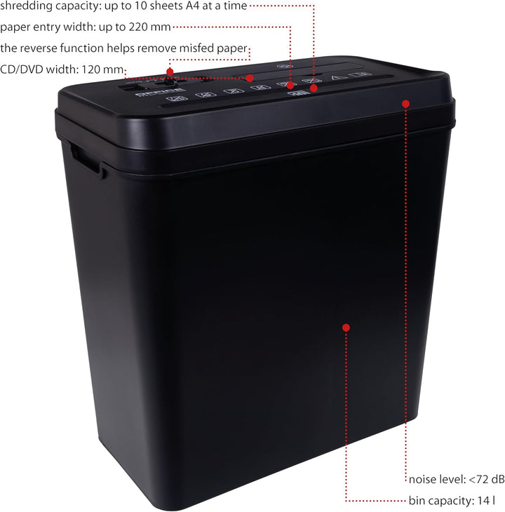 Office Products Aktenvernichter/für Papier CD/DVD / 10 Blätter Querschnitt/Behälter 14 l/Schwarz/Pap
