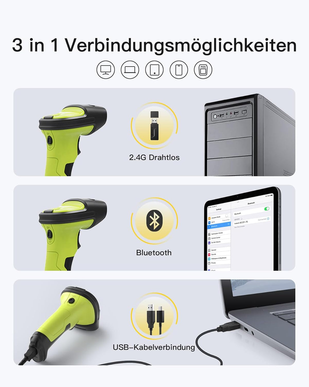 Inateck Barcode Scanner 2D Bluetooth, QR Code Scanner Kabellos, Wireless Handscanner mit AI APP & SD