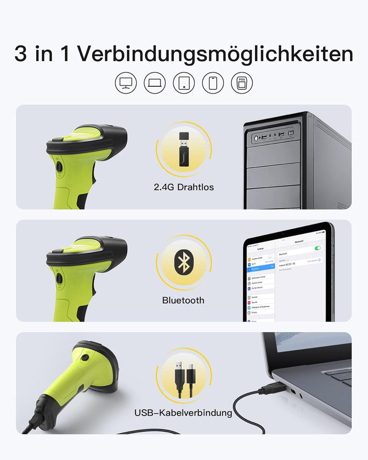 Inateck Barcode Scanner 2D Bluetooth, QR Code Scanner Kabellos, Wireless Handscanner mit AI APP & SD