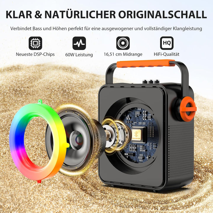 Karaoke Maschine mit 2 drahtlosen Mikrofones, Tragbaren Bluetooth 5.3 Karaoke Anlage Lautsprecher mi